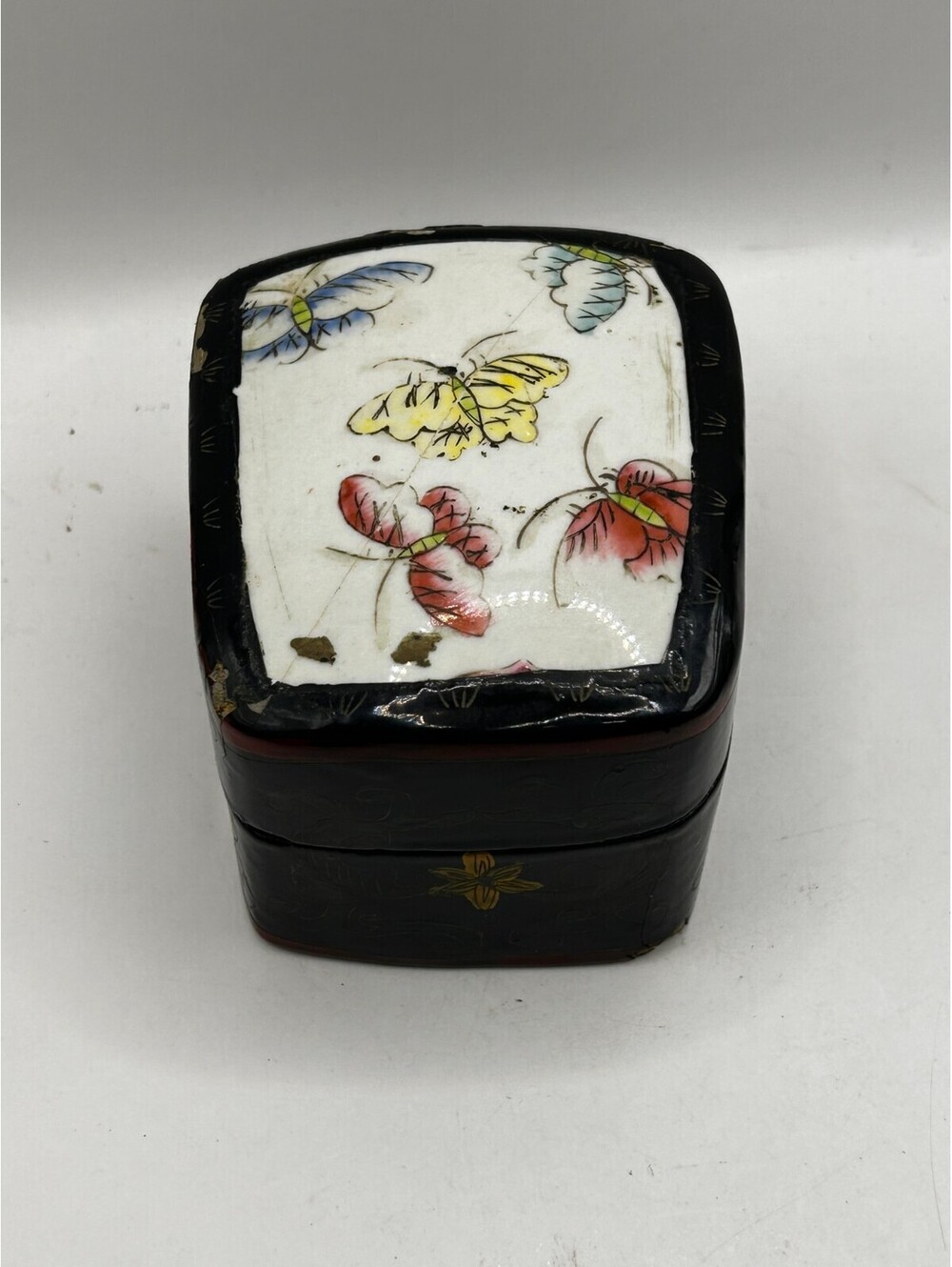 Vintage Chinese Lacquer Shard Box Hand Painted Porcelain Butterfly Trinket Case